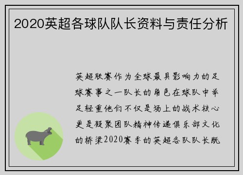 2020英超各球队队长资料与责任分析